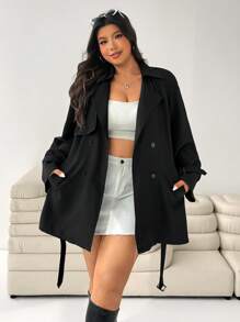 Solflare Plus Size Women's Black Double-Breasted Long Sleeve Trench Coat For Early Autumn Winter Fall