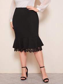 SHEIN Privé Plus Embroidery Mesh Trim Mermaid Skirt - Black - View 1