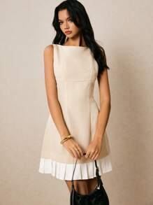 Poéselle Rochie mini elegantă fără mâneci, cu tiv plisat și blocuri de culoare pentru femei - Caisă - Vizualizare 2