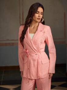 ZEYLAH Áo khoác vest mỏng vải lanh thêu hoa thanh lịch, Xuân/Hè - Hồng - Xem 4