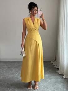 Elenzga Elenzga Women's Solid Color Elegant Asymmetric One-Piece Self-Tie Ruched Deep V Faux Denim Maxi Dress,Asymmetrical,Pleated,Fit,Knot,Deep V-Neck, V-Neck,Sleeveless,Wrap Dresses,Yellow,Texture Fabric,Stretch Fabric,Elegant Lady,Elegant,Going Out,Summer,Long Dresses