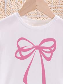 SHEIN 青少年女孩休闲简约蝴蝶结装饰圆领短袖 T 恤和格子短裤睡衣家居服套装，适合夏季“家居清新、蝴蝶结、夏季女孩套装、公主时尚、轻松舒适、女孩 Chroma 精选” - 彩色 - 查看 4