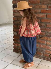 DAZY Completo vestaglia con volant a quadri e pantaloni a zampa di lanterna, per ragazze di taglia piccola, estivo