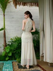 Chiquease 女式无袖立领中式纽扣泡泡裙 - 杏色 - 查看 2