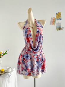 Soleia Vestido corto de tirantes con cuello profundo en V, volantes, bajo asimétrico y efecto tie-dye, ideal para vacaciones