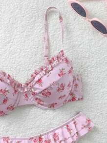Soleia Pink Bathing Suit Vacation Outfits Women Beach Outfits For Woman Women's Floral Print Pink Bikini Set, Cute, Kawaii