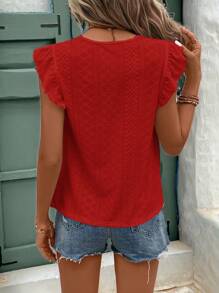 SHEIN Frenchy Eyelet Embroidery Ruffle Trim Round Neck Lace Trimmed Tee Christmas Summer New Year Red - Red - View 2
