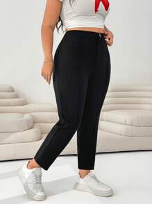 SHEIN EZwear 女士大碼休閒純色9/10長度緊身褲 - 黑色 - 查看 5