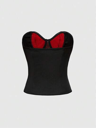 Goth Y2K Sexy Contrast Lace Trim Decorated Crop Top With Waist Tie, Perfect For New Year Party