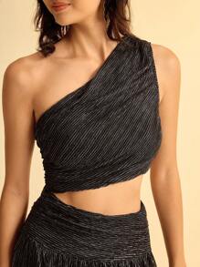 CAJUNI 1pc Women's Hollow Out Slit Dress, One Shoulder - Black - View 7