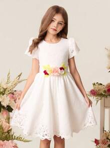 Girls Elegant Hollow Out 3D Floral Short Sleeve Dress, Princess Style Suitable For Flower Girl, Wedding, Holiday Party, All Season - White - View 1
