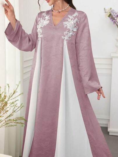 Al Najma V-Neck Long Sleeve Embroidery And Pearl Decorated Colorblock Elegant Luxurious Dress Kaftan Jalabiya Dress