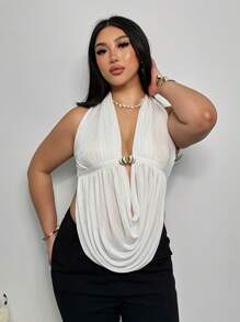 Firerie 加大码春夏宽松垂坠领无袖金属装饰系带开叉优雅休闲海滩度假吊带背心 - 白色 - 查看 7