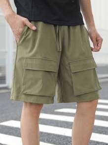 SHEIN Pantaloni scurți cargo pentru adolescenți cu buzunare 3D, stil casual universitar, confortabili și la modă, material moale, versatil pentru purtare zilnică, școală, călătorii, sporturi în aer liber - Verde Armată - Vizualizare 5