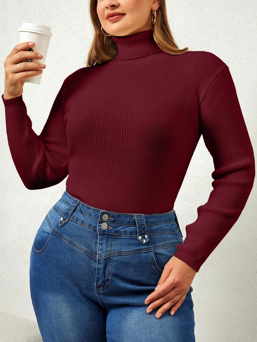 EURMUSE Solid Color Turtleneck Sweater, Fashionable For Summer - Burgundy - View 1