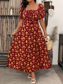 Flirla 大码女式夏季假日花卉印花前系带短款泡泡袖连衣裙，侧开衩下摆，优雅长款女装 - 酒紅色 - 查看 4