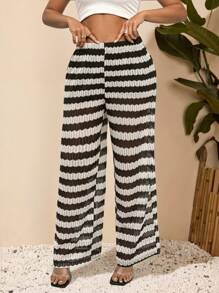 Elenzga Plus Size Contrast Color Stripe Print Elastic Waist Casual Pants Fall Cloth For Women - Multicolor - View 5