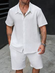 Manfinity Homme Plus Size Men's White Front Button Closure Short Sleeve Shirt And Pocket Shorts Set,Summer Casual Vacation Holiday Clothes,Shirt Co Ords For Men - White - View 5