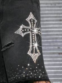 AXEPEAK 时尚哥特式直筒宽松男士牛仔短裤，街头风，Emo 风格