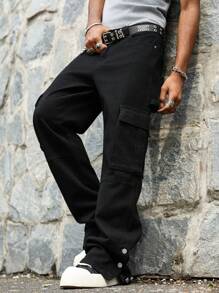 Manfinity Roghcode Men's Cargo Loose Straight Leg Jeans, Casual Versatile Denim Pants - Black - View 1