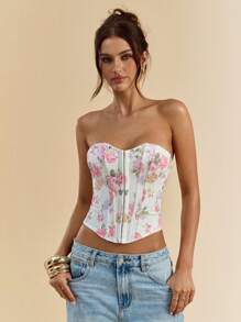 SHEIN BAE 这款女士浪漫优雅的花卉印花不对称下摆无肩带上衣，非常适合浪漫约会、甜美优雅的日常出行，还可以用作束身衣、无肩带文胸、塑身衣、日常工作文胸、可爱文胸或性感上衣，也是情人节的理想之选。 - 彩色 - 查看 6