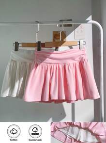 SHEIN EZwear 2 Colors Set, White And Pink Women's Pleated Double Waist Gathered Short Casual Skirt, Great Value Set - Multicolor - View 1
