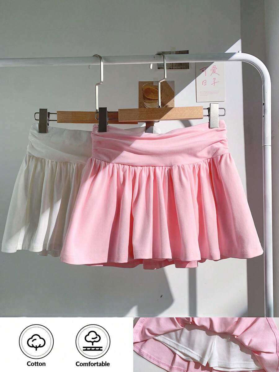 SHEIN EZwear 2 Colors Set, White And Pink Women's Pleated Double Waist Gathered Short Casual Skirt, Great Value Set - Multicolor - View 1
