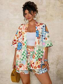 Travachic 大码女式抽象涂鸦印花短袖衬衫和松紧腰 A 字短裤休闲度假宽松短裤套装