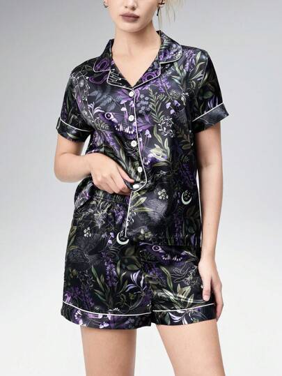 Goth Dark Gothic Style Snake, Crow, Moth & Floral All-Over Print Shirt & Shorts Satin Pajama Set ,Vacation