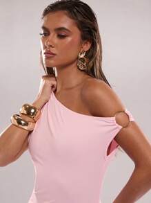 SHEIN BAE Women's Elegant Asymmetric Metal Embellished Maxi Dress,Suitable For Party Gatherings And Daily Commuting Wear - Coral Pink - View 7