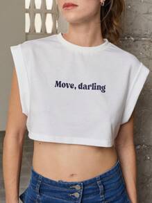 Nöista Áo thun in hình, áo crop top dáng rộng cổ tròn cho nữ, thích hợp mặc mùa hè. - trắng - Xem 5