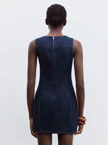 Maija 女士蓝色牛仔无袖圆领修身休闲连衣裙，商务休闲办公装 - 深色水洗藍 - 查看 5