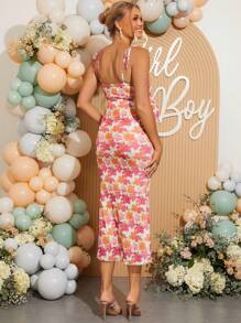 Loomaby 孕妇花卉印花前系带修身优雅细肩带连衣裙 - 杏色 - 查看 2