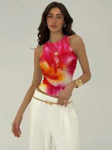 Aloruh Top canottiera da donna minimalista casual con stampa a giglio plissettato, adatta per l'estate, la spiaggia, le vacanze, la primavera e la laurea