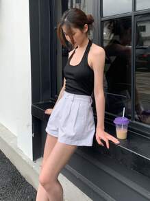 SHEIN EZwear 女士口袋褶皱宽松休闲牛仔短裤 - 白色 - 查看 3