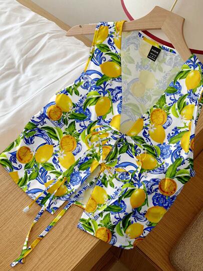 Comfortcana Blusa Casual de Férias com Amarração na Frente e Estampa de Limão para Mulheres