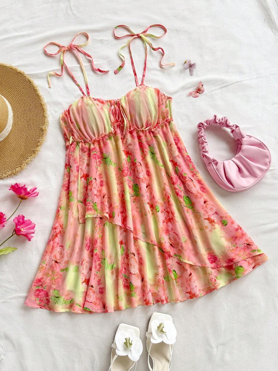 Soleia Váy mini in họa tiết dệt dây mảnh cho nữ trang phục thường ngày váy lưới đi nghỉ trang phục mùa xuân cho nữ váy hoa váy suông cho nữ - Nhiều màu - Xem 1