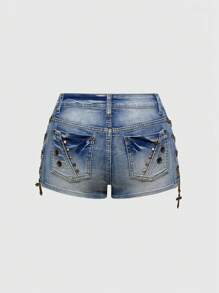ROMWE Avant Gal Style Distressed Vintage Washed Cross Metal Side Decor Low Waist Mini Shorts - Blue - View 2