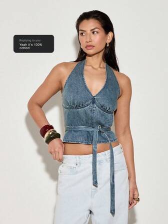 AiiRZ Top bandeau en denim inspiré du style Y2K, corset style bustier crop top avec détail de nœud. Vêtement d'été de style festival et streetwear, sans manches, Top en jean