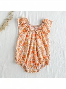 Loomiva Baby Girl Floral Print Knit Soft Round Neck Ruffle Hem Sleeveless Bodysuit - Orange - View 7