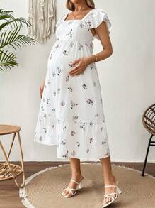 SHEIN 孕妇花卉印花方领盖袖优雅度假连衣裙 - 白色 - 查看 1