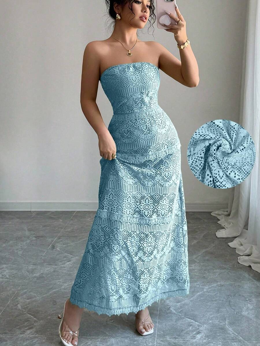 Chiquease 女士优雅蕾丝腰收腰连衣裙 - 藍色 - 查看 1