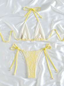 Swim Mod 2pcs/Set New Lace Patchwork Micro Triangle Halter Backless Bowknot Sexy Beach Holiday Women Swimsuit For Summer Beach Vacation - Yellow - View 2