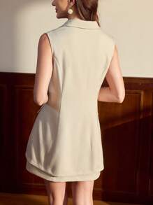 Vintamour Elegant Vintage 2pcs Women Suit Set Boat Neck Sleeveless Sheath Dress Notch Lapel Vest Coat Casual Commuting Outfit Office