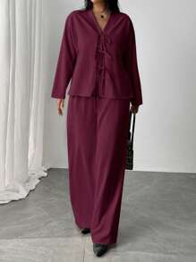 Firerie Plus Size Elegant Business Casual Two Pieces Set: Loose Tie-Front Blouse & High-Waist Relaxed Fit Pants, Suitable For Commute, Work, Afternoon Tea, Dates, Concerts, Parties, Vacation,Business Casual Woman