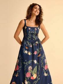 CAJUNI 女式波西米亚风格热带花卉印花细肩带长裙，休闲假日黑色休闲连衣裙