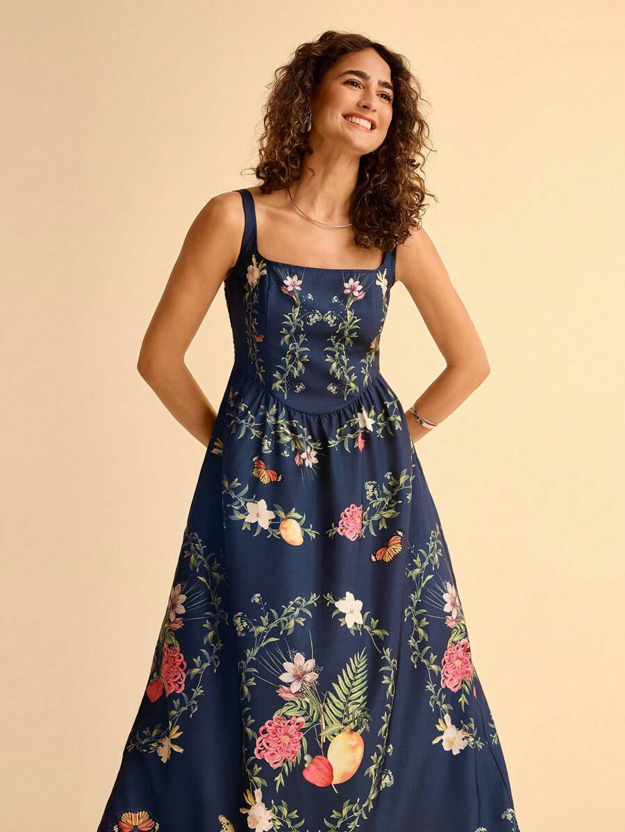 CAJUNI 女式波西米亚风格热带花卉印花细肩带长裙，休闲假日黑色休闲连衣裙