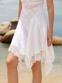 Lumivelle 女式性感蕾丝拼布不对称下摆细肩带夏季连衣裙