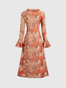 Sweetra Retro French Ditsy Floral Ruffle Hem Women Regular Jacket, New Bell Sleeve Cinched Waist Long Sunscreen Cardigan Fall Cloth For Women