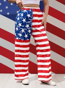 Flirla Plus Size Women Independence Day USA Flag Casual Pants For Fourth Of July/4th Of July Fall Cloth For Women - Multicolor - View 3